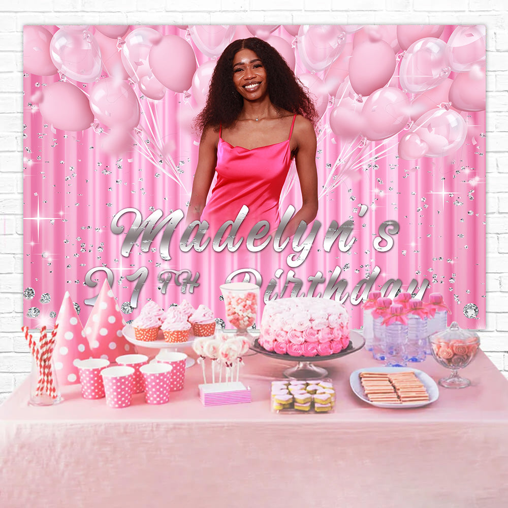 Custom Happy Birthday Backdrop Pink Balloons Sparkle 21st Backdrop UK RR12-26