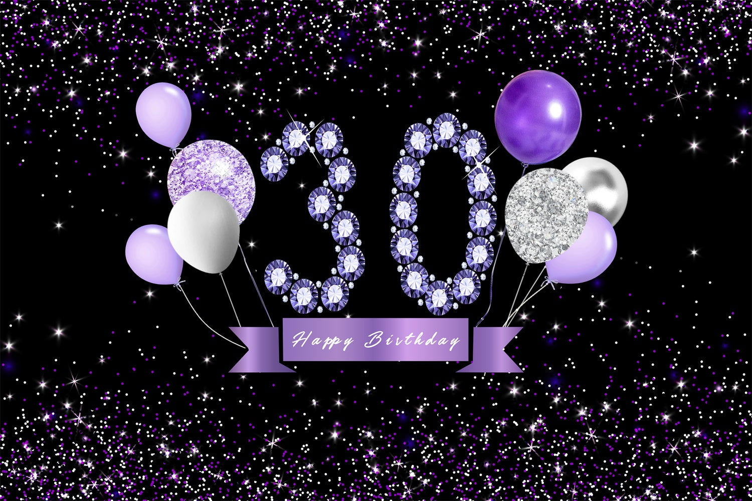 30th Birthday Backdrop Crystal Balloon Purple Custom Backdrop UK RR12-32