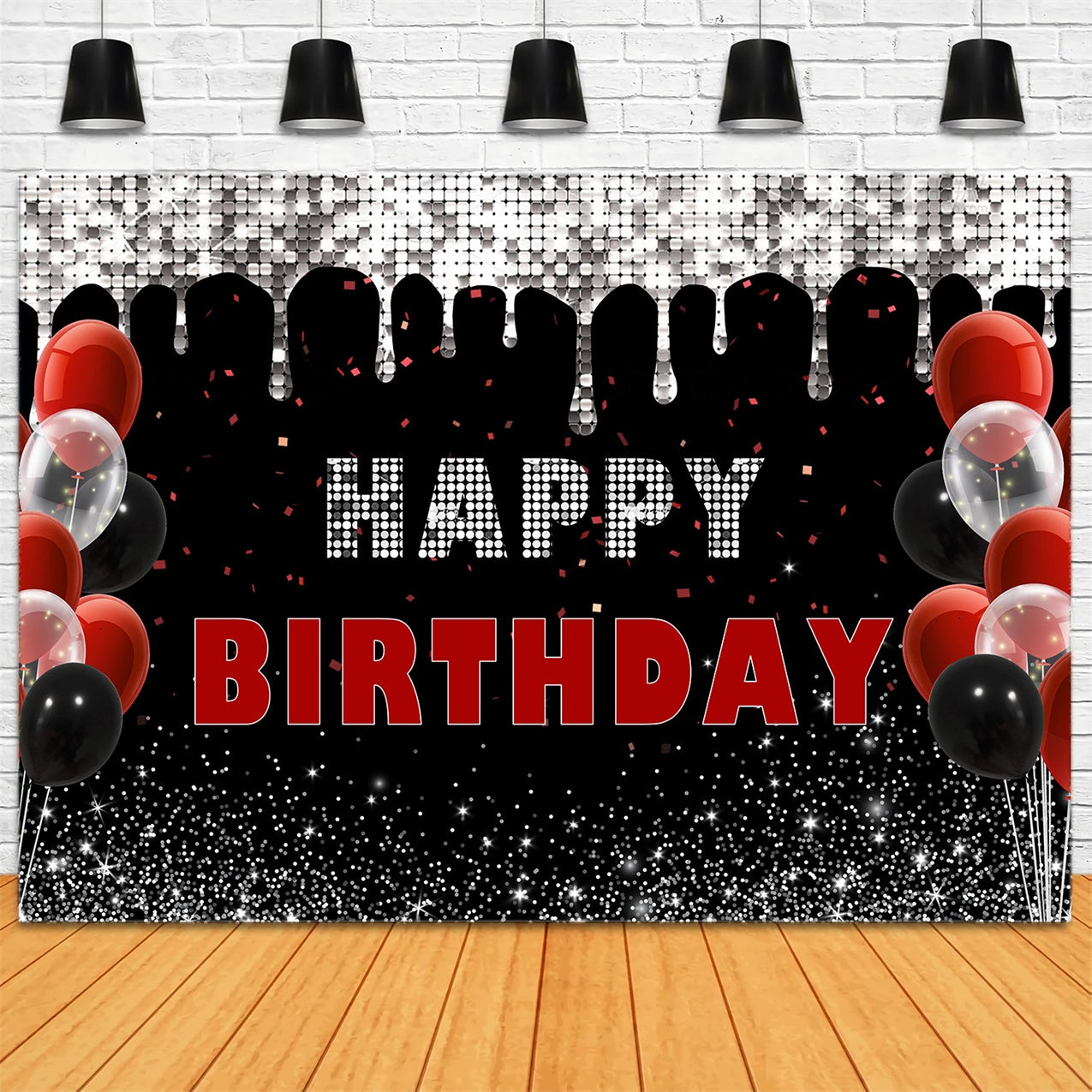 Personalized Birthday Backdrop Elegant Red Black Balloon Backdrop UK RR12-35