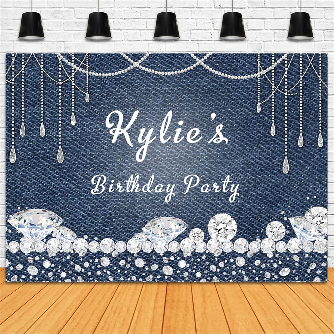 Custom Happy Birthday Backdrop Glittering Denim Style Backdrop UK RR12-40