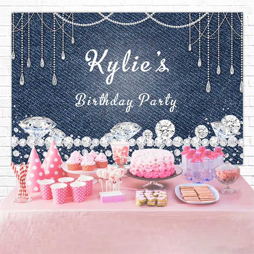 Custom Happy Birthday Backdrop Glittering Denim Style Backdrop UK RR12-40