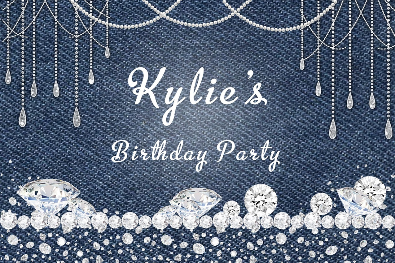 Custom Happy Birthday Backdrop Glittering Denim Style Backdrop UK RR12-40