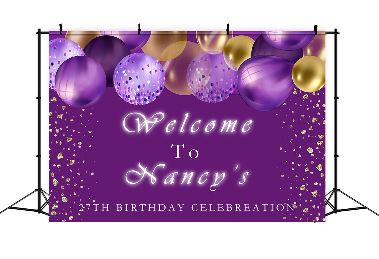 Customized Birthday Backdrop Purple Balloons Golden Glitter Backdrop UK RR12-47