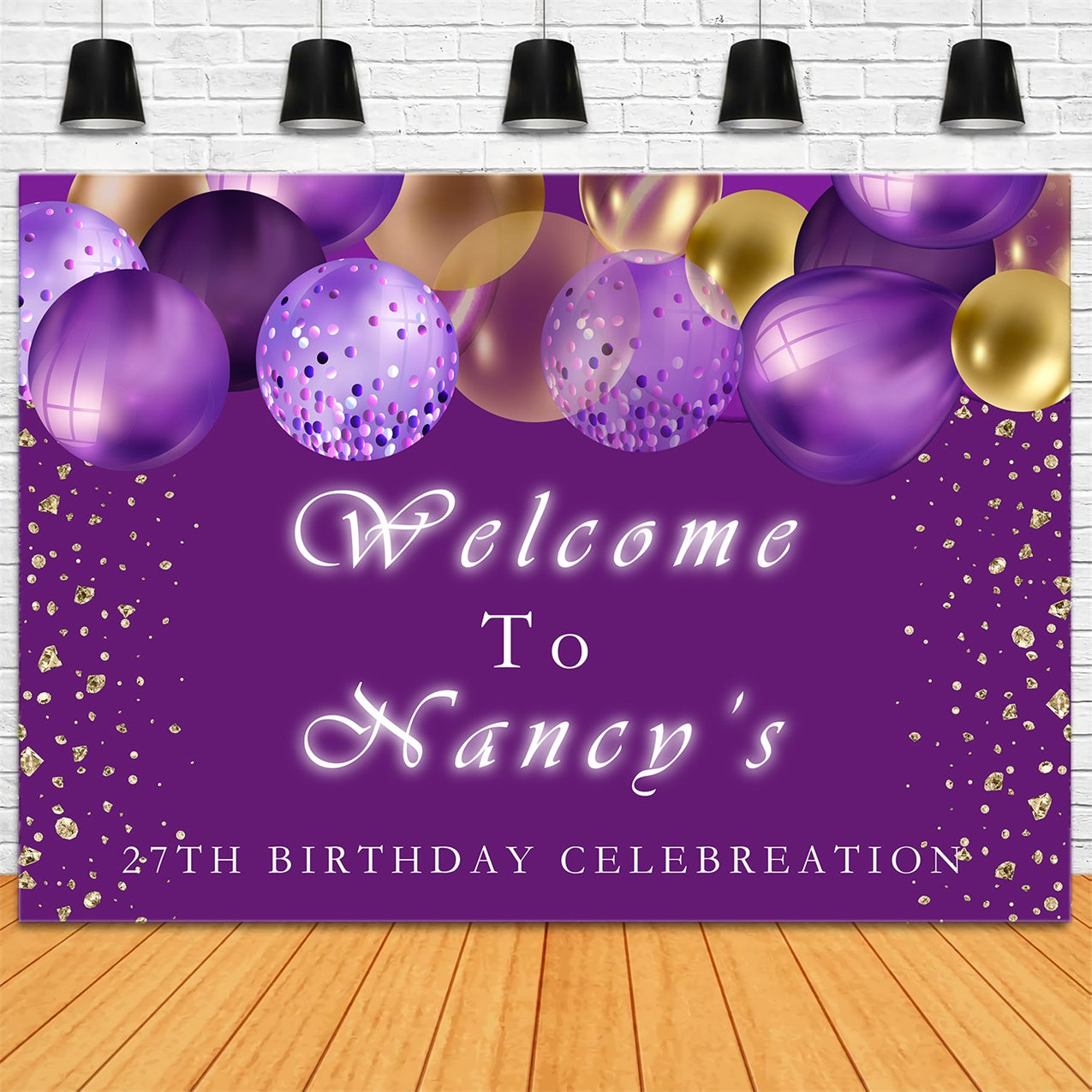 Customized Birthday Backdrop Purple Balloons Golden Glitter Backdrop UK RR12-47