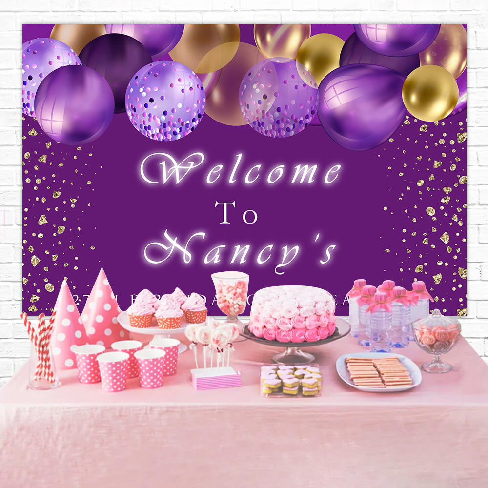 Customized Birthday Backdrop Purple Balloons Golden Glitter Backdrop UK RR12-47