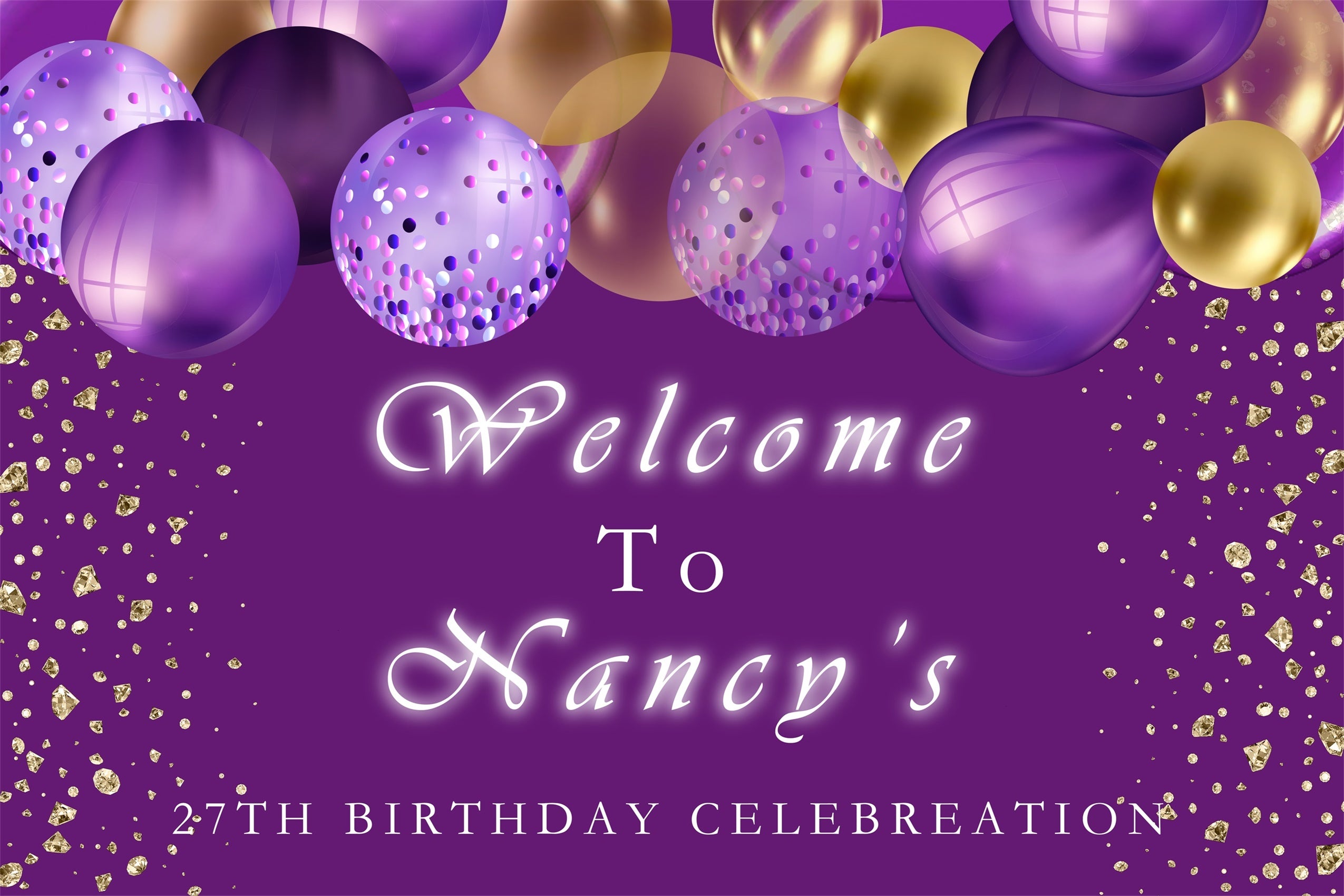 Customized Birthday Backdrop Purple Balloons Golden Glitter Backdrop UK RR12-47