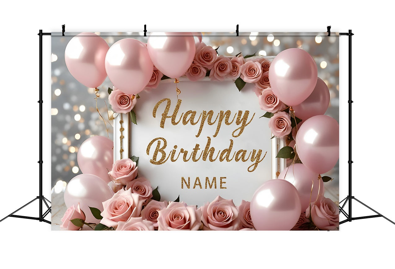 Personalized Birthday Backdrop Elegant Pink Roses Balloon Backdrop UK RR12-49