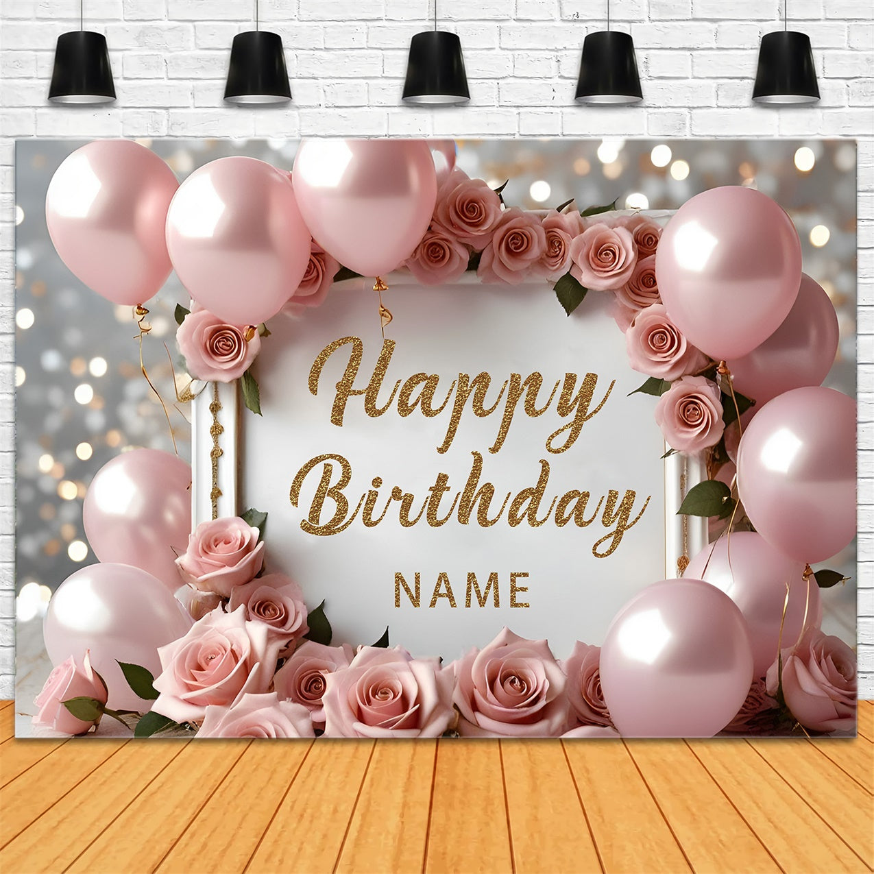 Personalized Birthday Backdrop Elegant Pink Roses Balloon Backdrop UK RR12-49