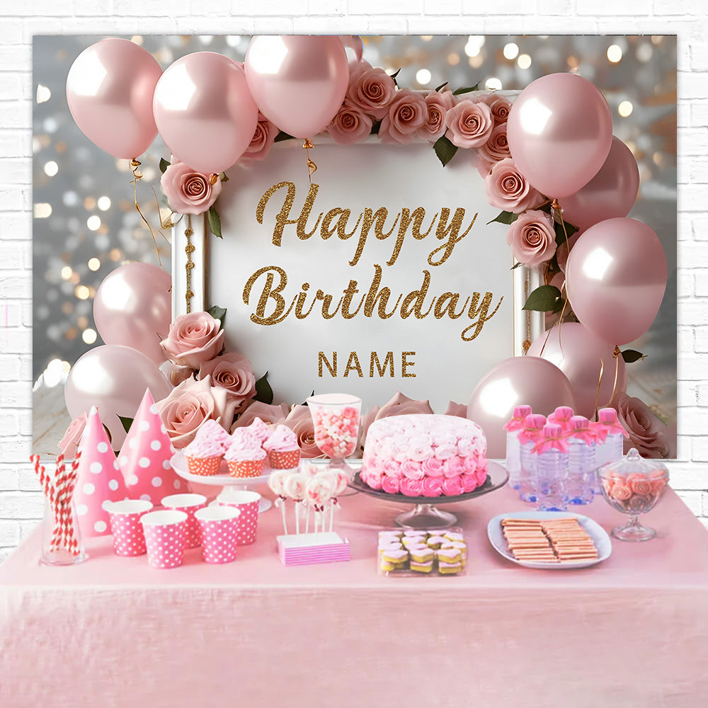 Personalized Birthday Backdrop Elegant Pink Roses Balloon Backdrop UK RR12-49