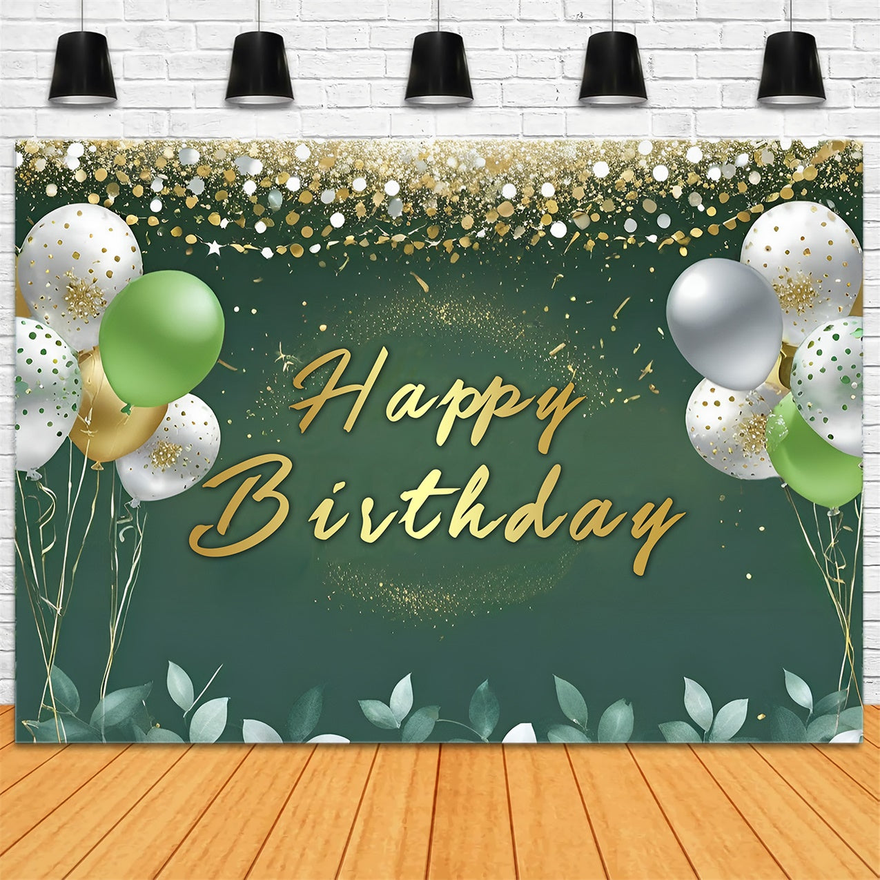 Custom Birthday Backdrops Elegant Balloons Golden Green Backdrop UK RR12-50