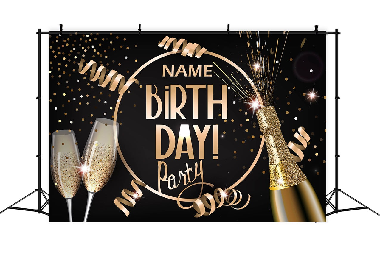 Personalized Birthday Backdrop Champagne Sparkles Gold Ribbon Backdrop UK RR12-53