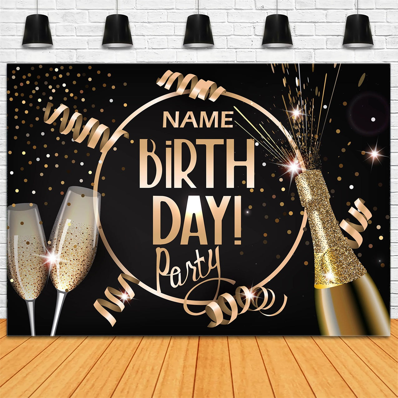 Personalized Birthday Backdrop Champagne Sparkles Gold Ribbon Backdrop UK RR12-53