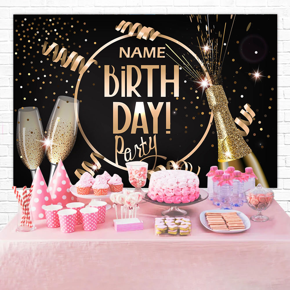 Personalized Birthday Backdrop Champagne Sparkles Gold Ribbon Backdrop UK RR12-53