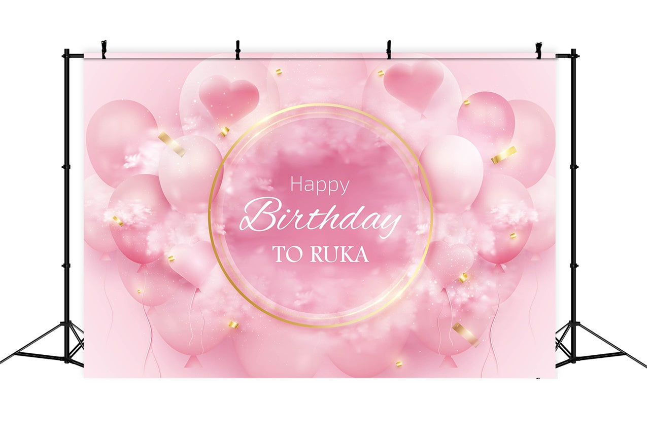 Custom Birthday Backdrop Pink Balloons Heart Gold Backdrop UK RR12-54