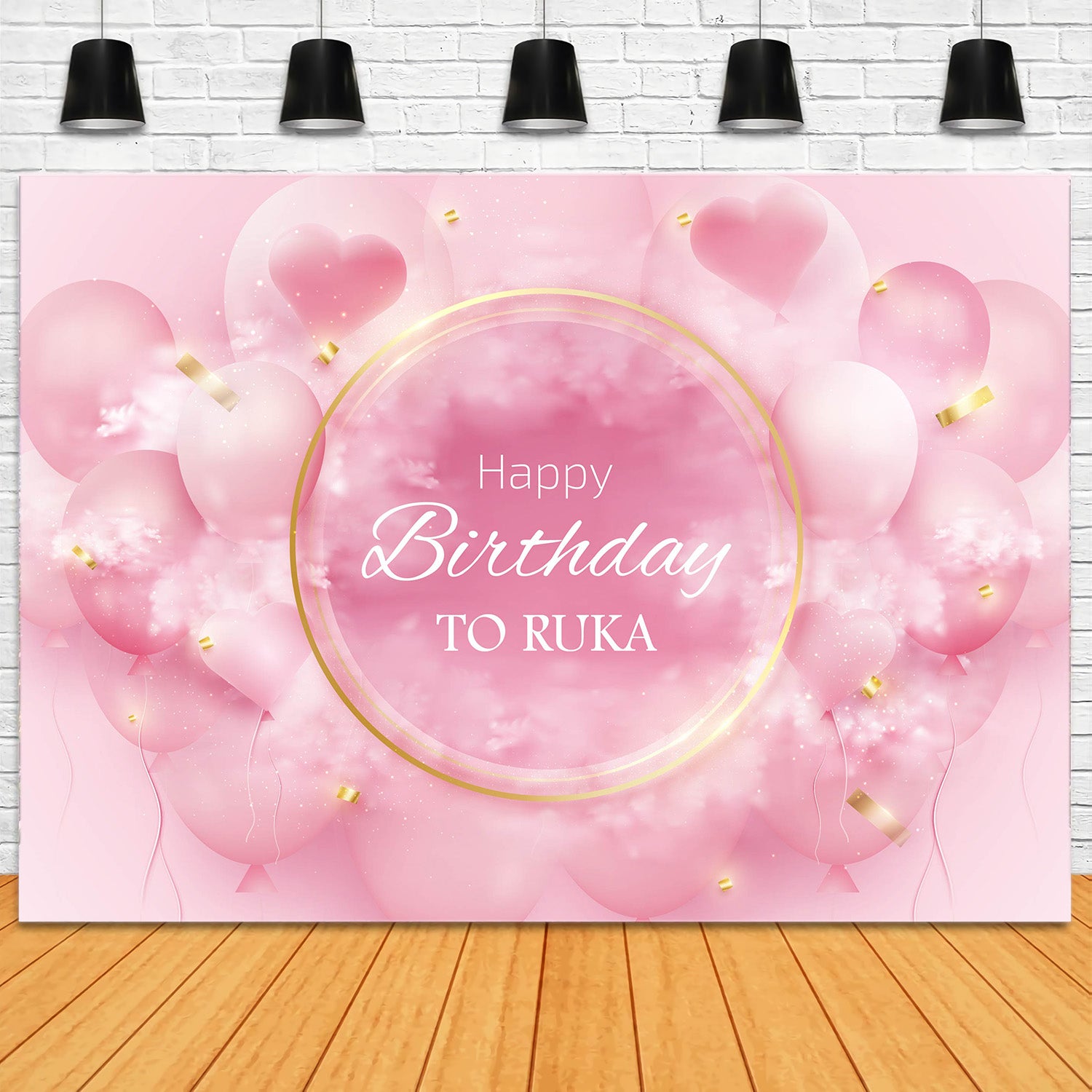 Custom Birthday Backdrop Pink Balloons Heart Gold Backdrop UK RR12-54