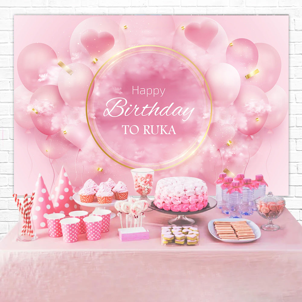 Custom Birthday Backdrop Pink Balloons Heart Gold Backdrop UK RR12-54