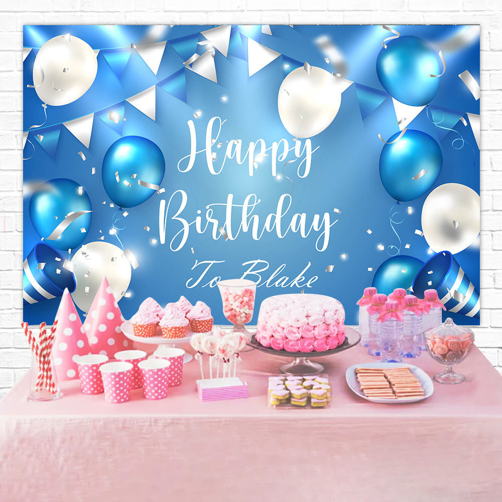 Personalized Backdrop For Birthday Blue White Balloons Backdrop UK RR12-55