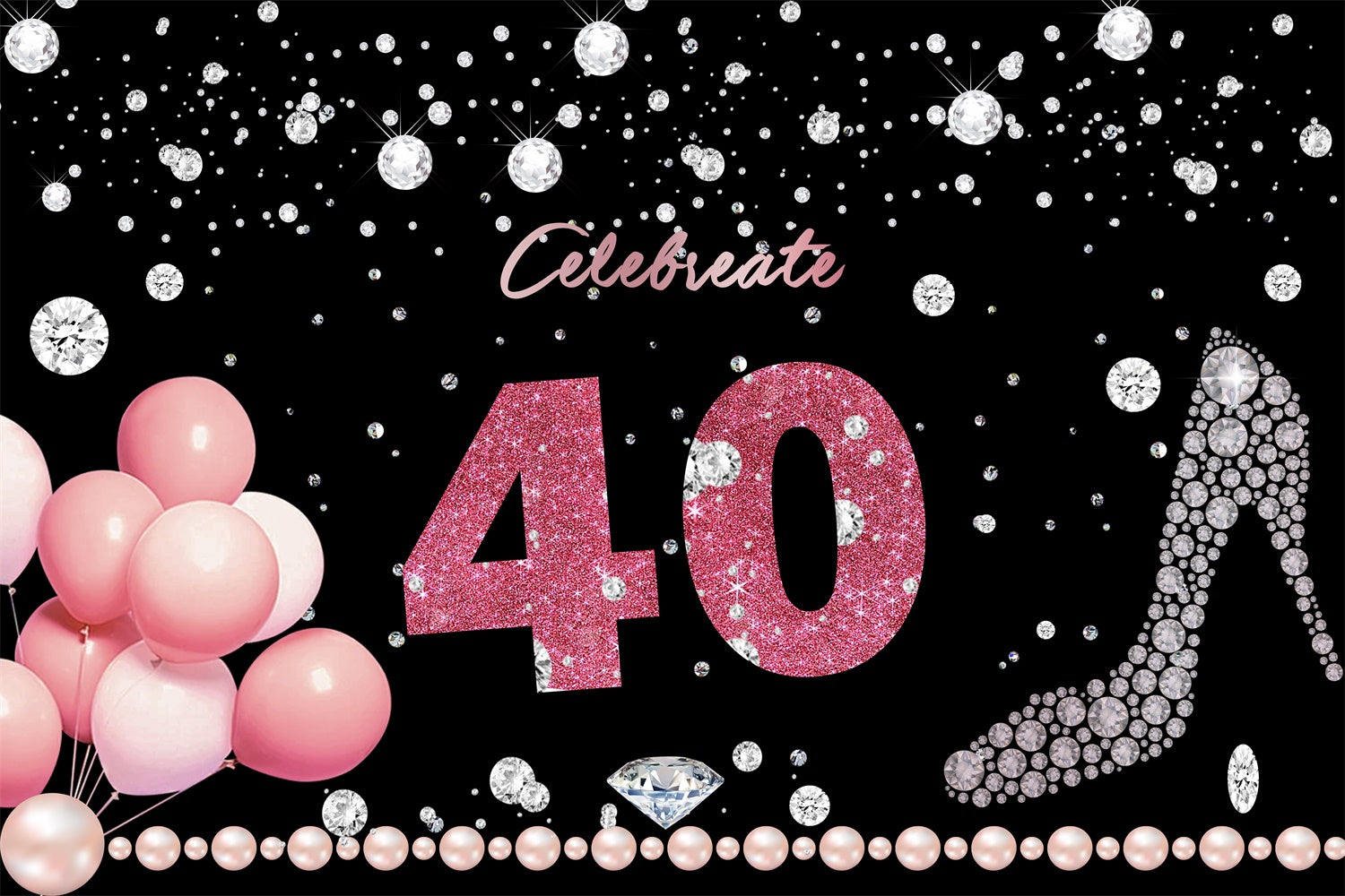 Customized Birthday Backdrop 40th Diamond Pearls Balloon Backdrop UK RR12-57