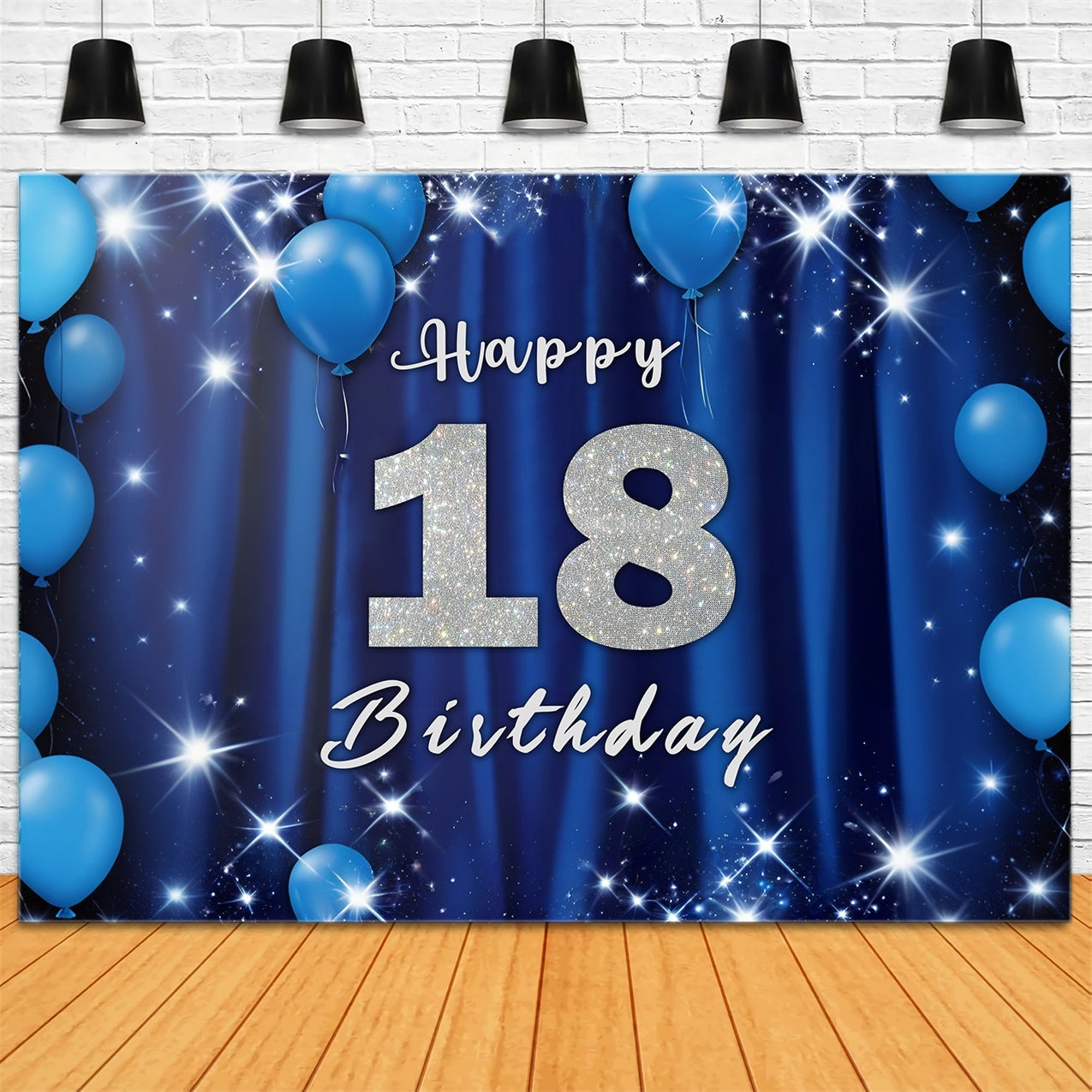 18th Birthday Photo Backdrop Glitter Blue Balloons Backdrop UK RR12-60