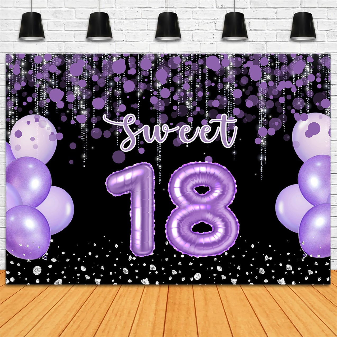 Custom Birthday Backdrops Purple Balloon Sparkle Sweet 18 Backdrop UK RR12-73