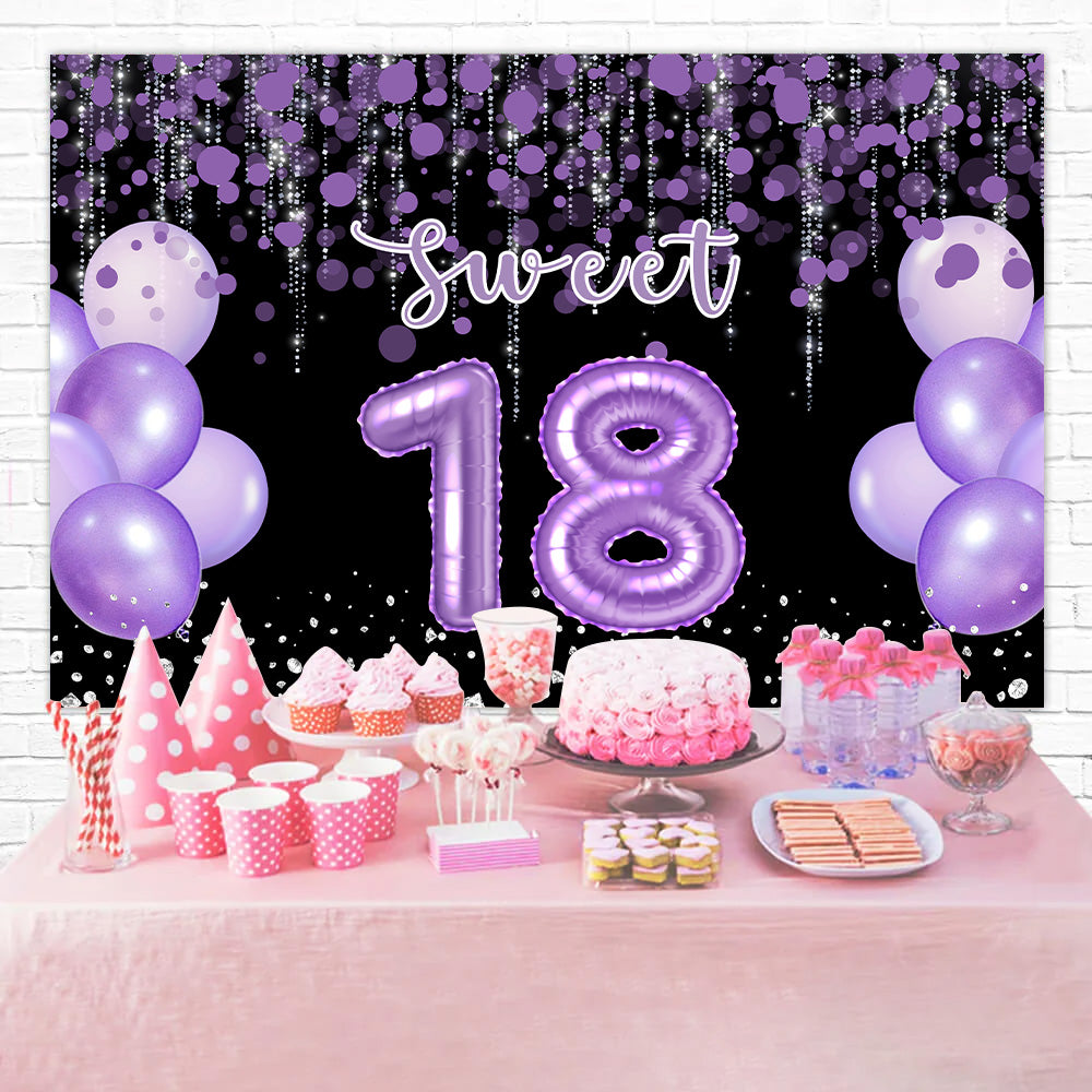 Custom Birthday Backdrops Purple Balloon Sparkle Sweet 18 Backdrop UK RR12-73