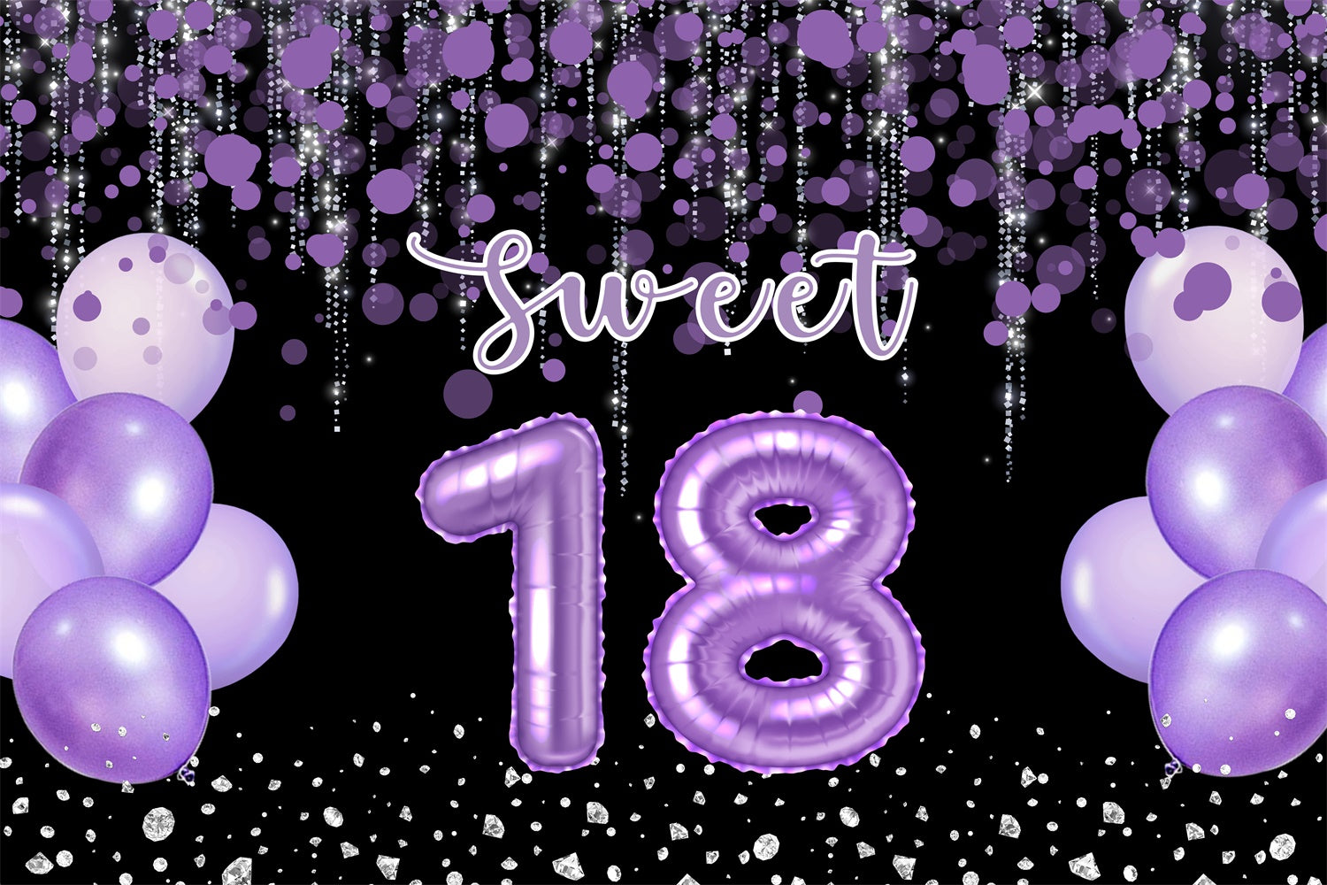 Custom Birthday Backdrops Purple Balloon Sparkle Sweet 18 Backdrop UK RR12-73