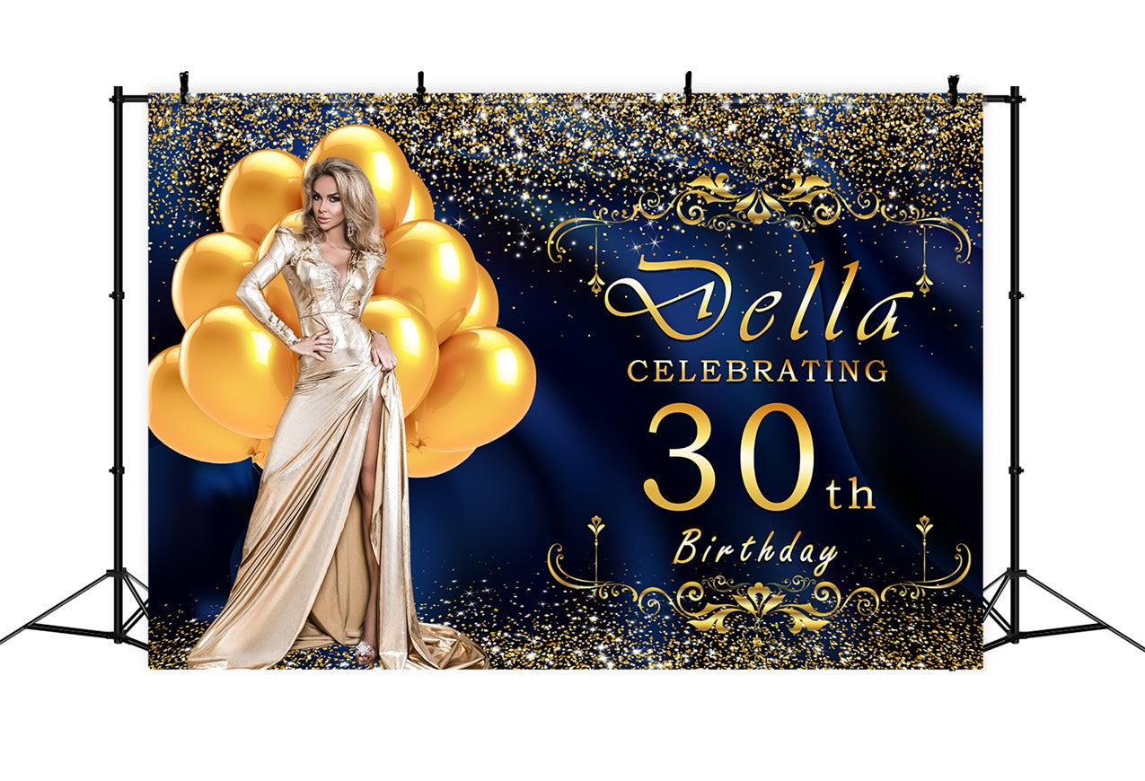 Custom 30th Birthday Backdrops Luxurious Blue Gold Balloon Backdrop UK RR12-77