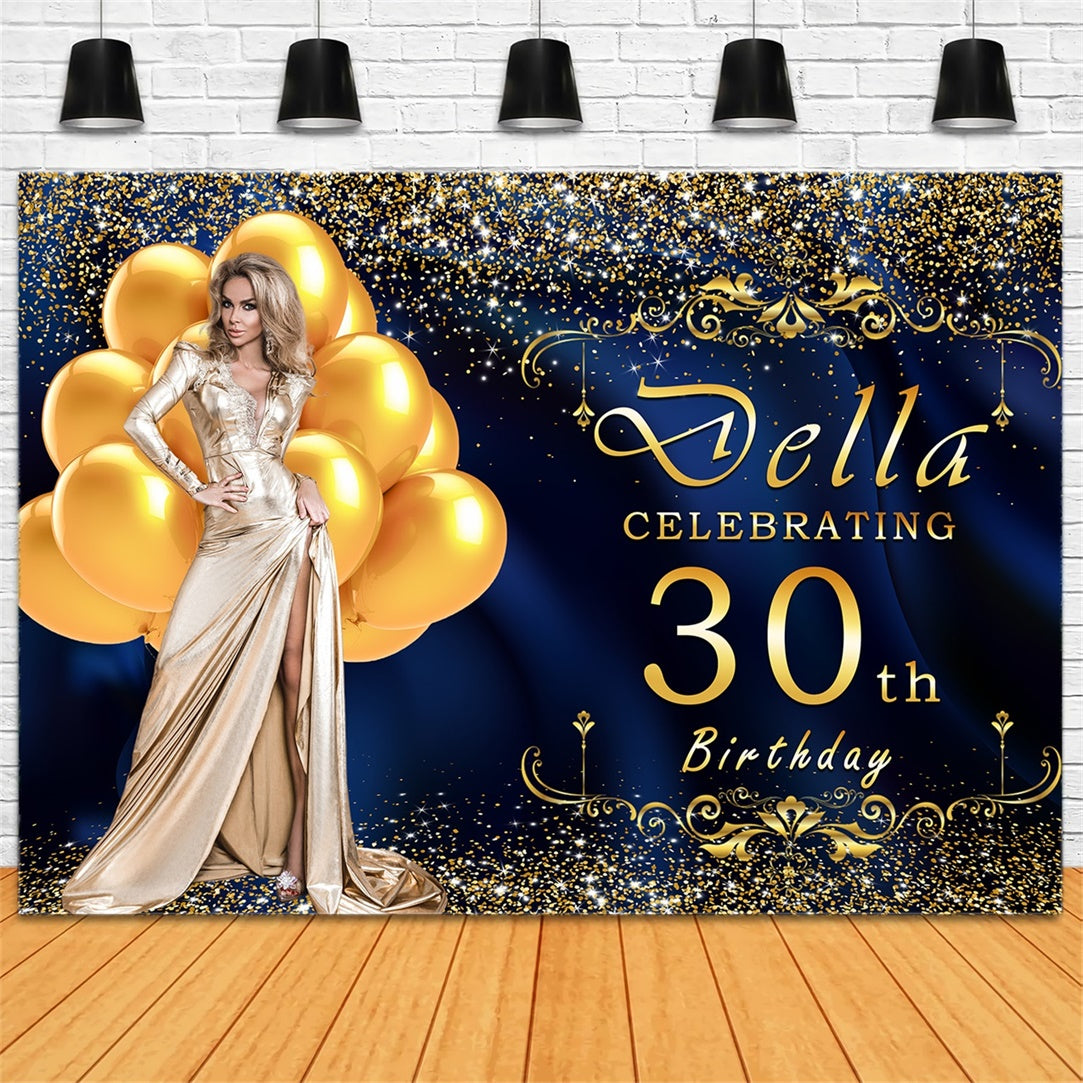 Custom 30th Birthday Backdrops Luxurious Blue Gold Balloon Backdrop UK RR12-77