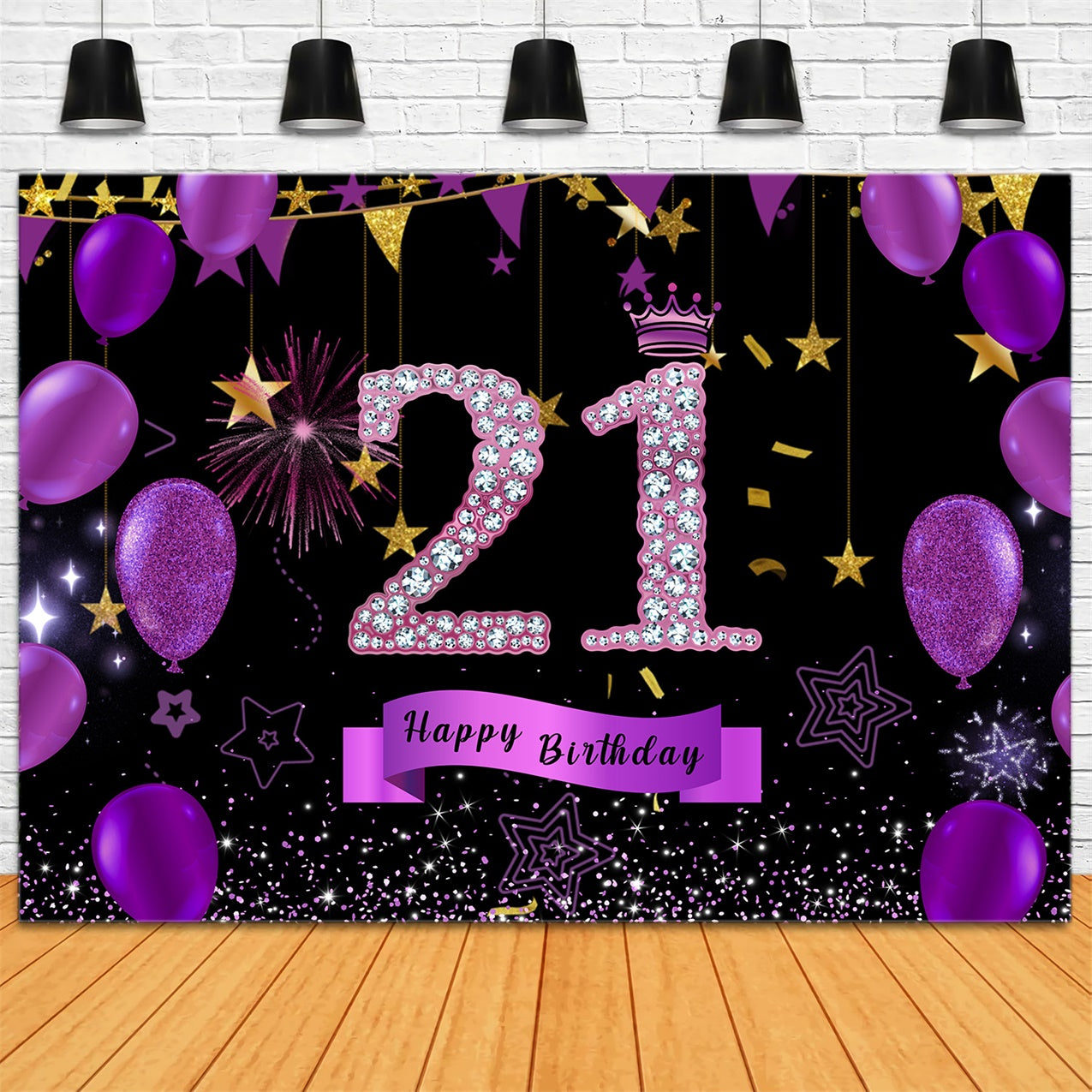 Customized 21st Birthday Backdrop Violet Glittering Balloons Backdrop UK RR12-79