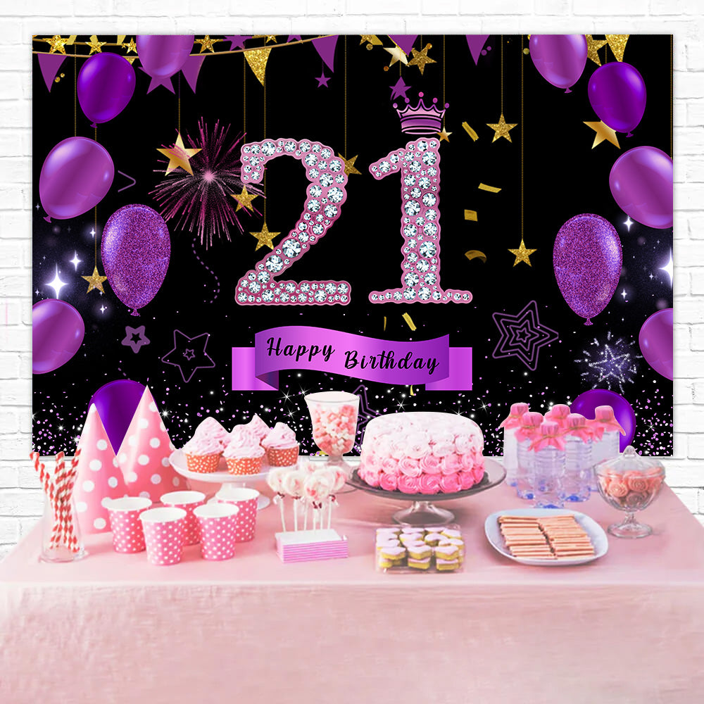 Customized 21st Birthday Backdrop Violet Glittering Balloons Backdrop UK RR12-79