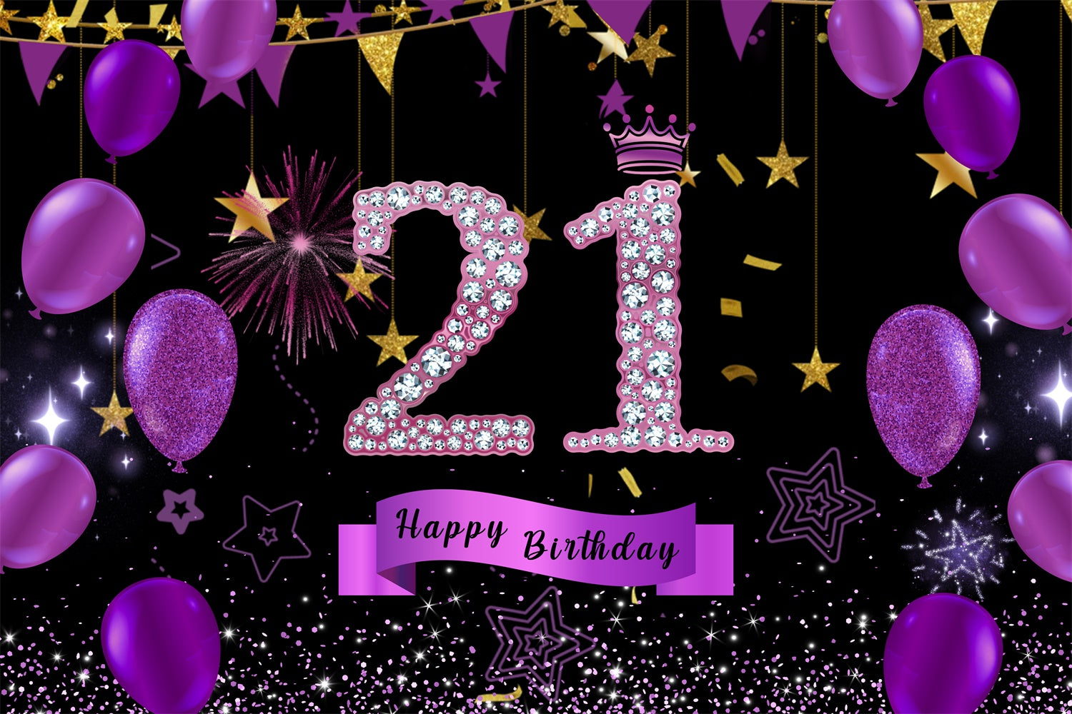 Customized 21st Birthday Backdrop Violet Glittering Balloons Backdrop UK RR12-79