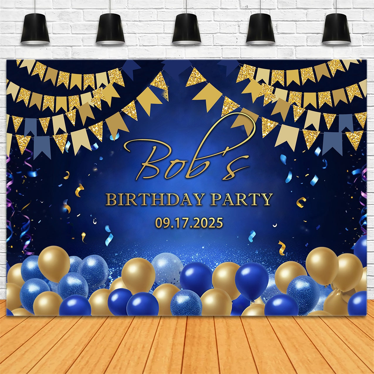 Custom Birthday Backdrops Classic Blue Gold Celebration Backdrop UK RR12-84