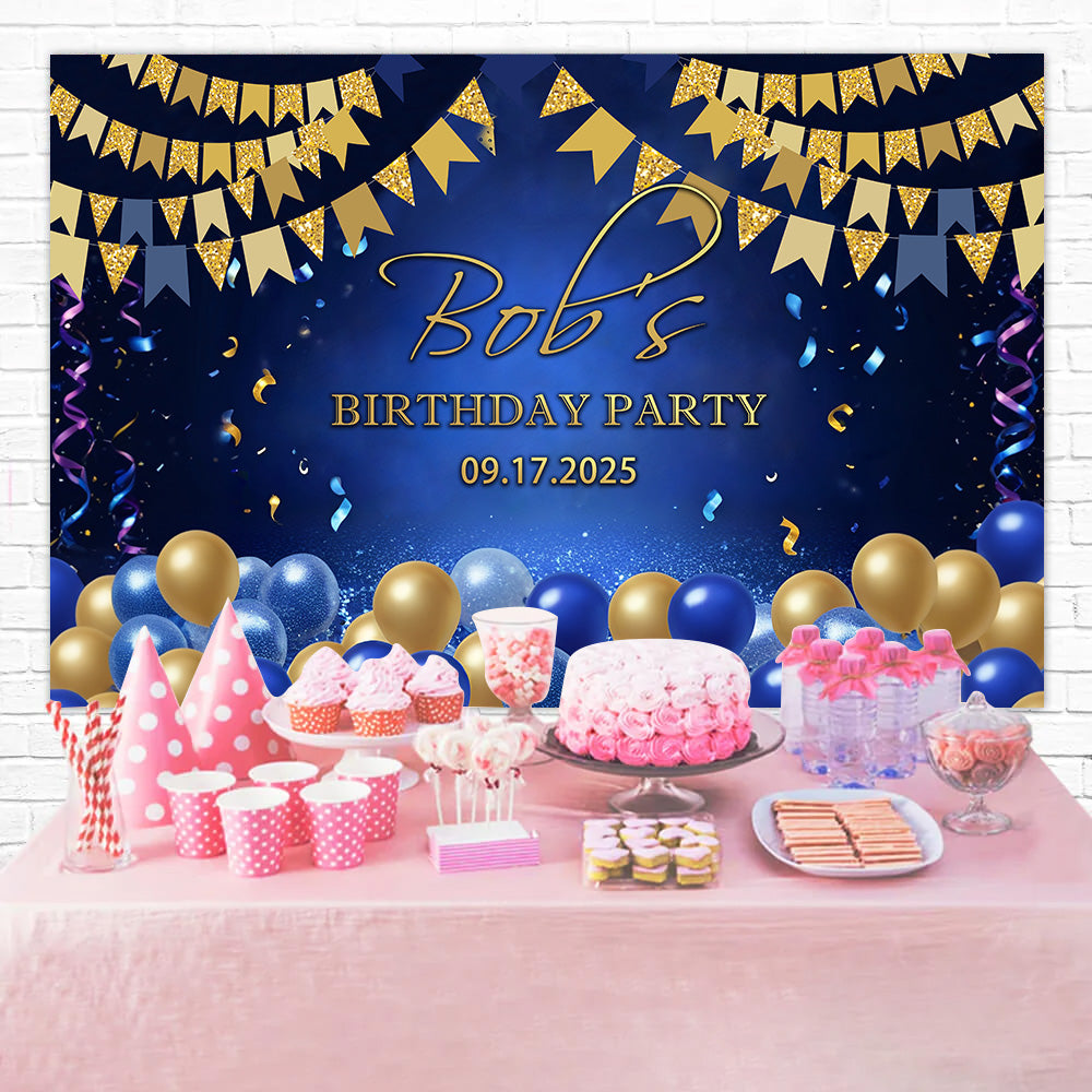 Custom Birthday Backdrops Classic Blue Gold Celebration Backdrop UK RR12-84