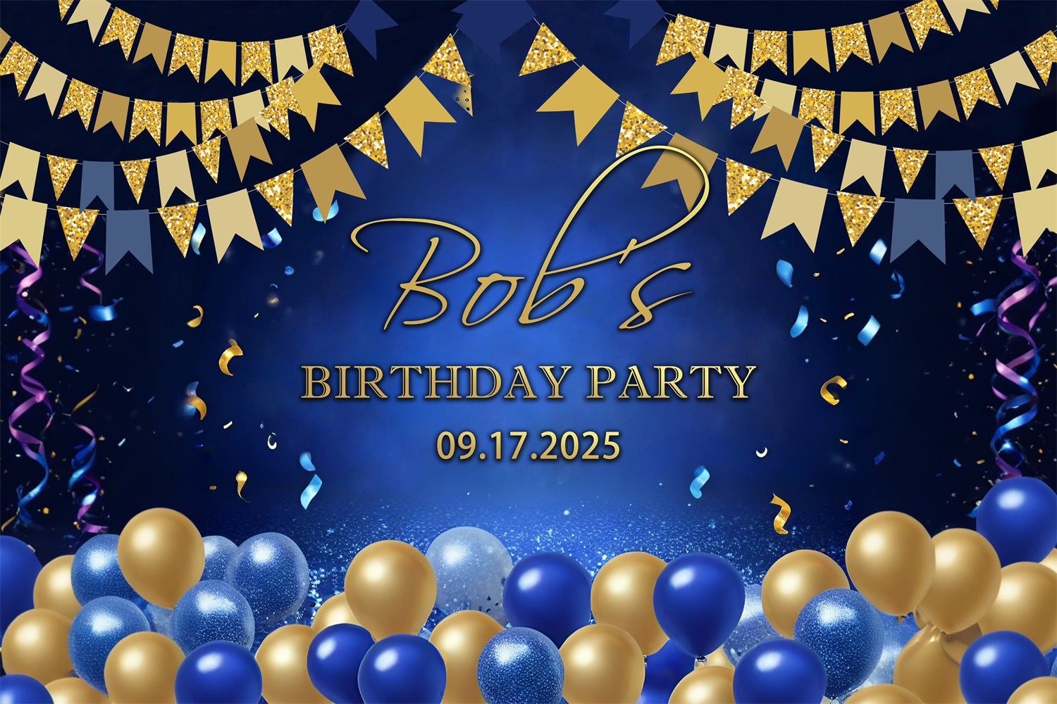 Custom Birthday Backdrops Classic Blue Gold Celebration Backdrop UK RR12-84