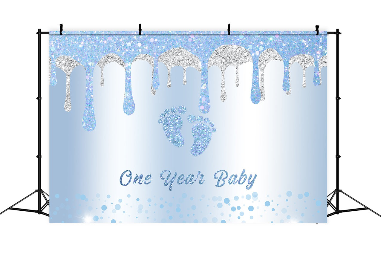 1st Birthday Backdrop Glittering Blue Baby Feet Backdrop UK RR12-88