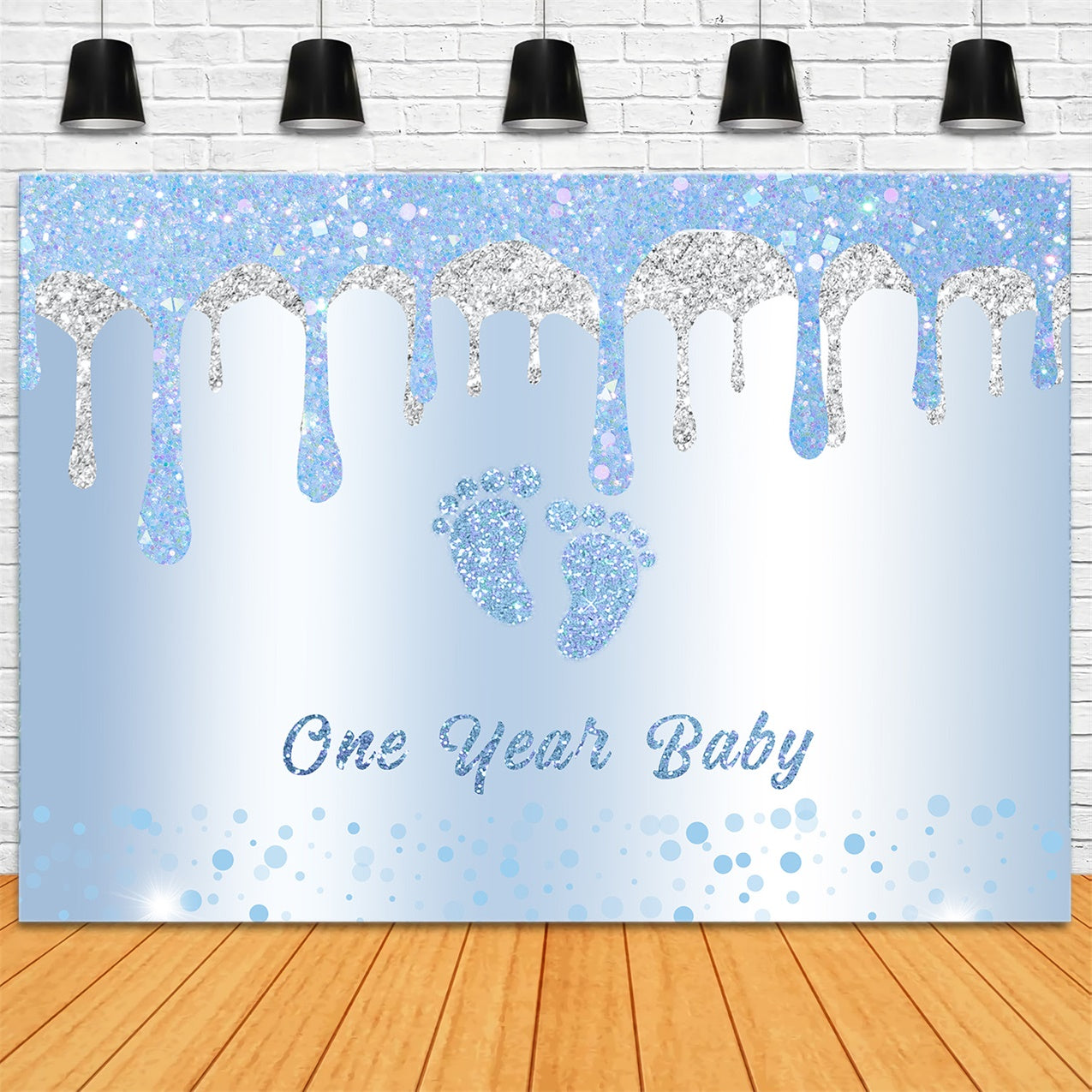 1st Birthday Backdrop Glittering Blue Baby Feet Backdrop UK RR12-88