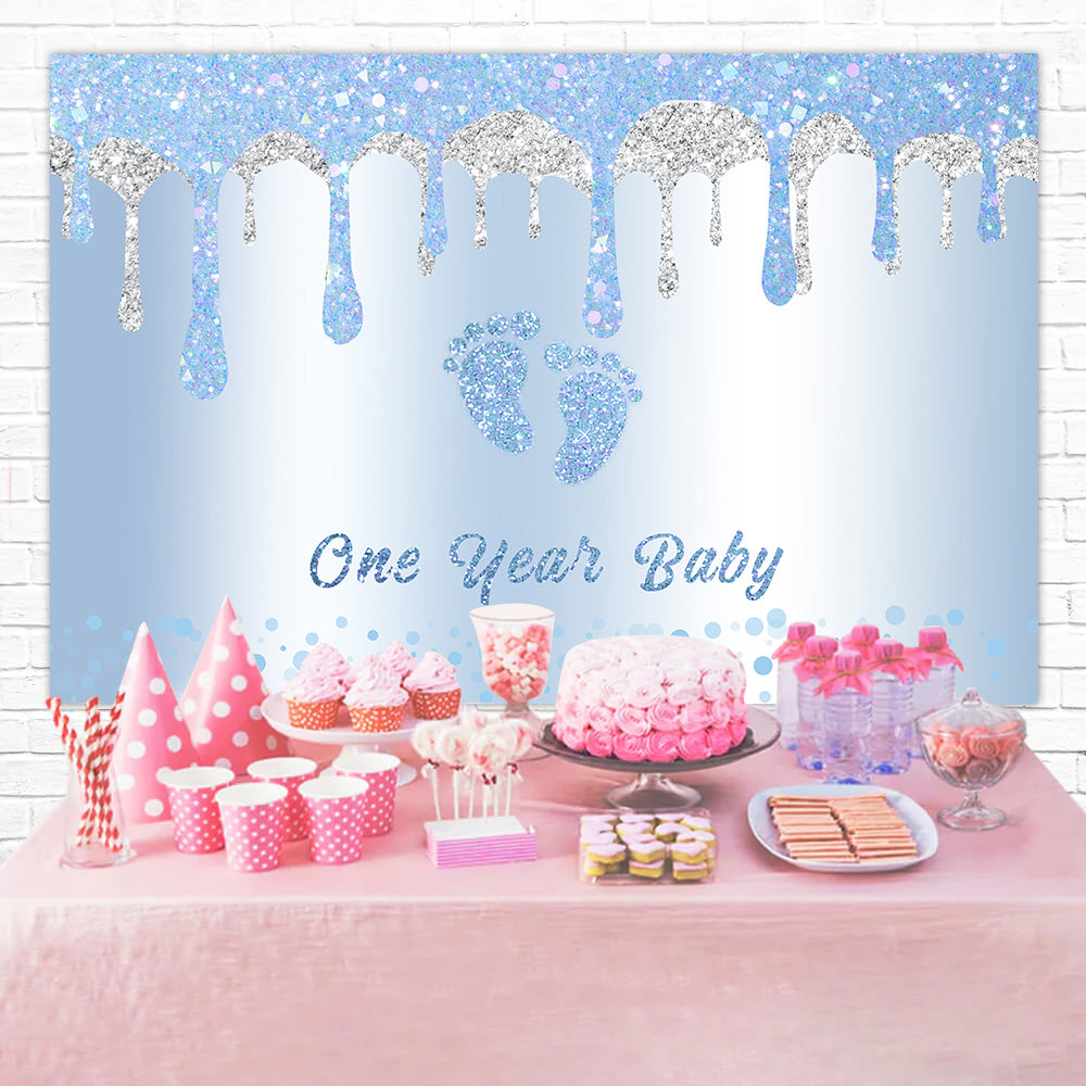 1st Birthday Backdrop Glittering Blue Baby Feet Backdrop UK RR12-88