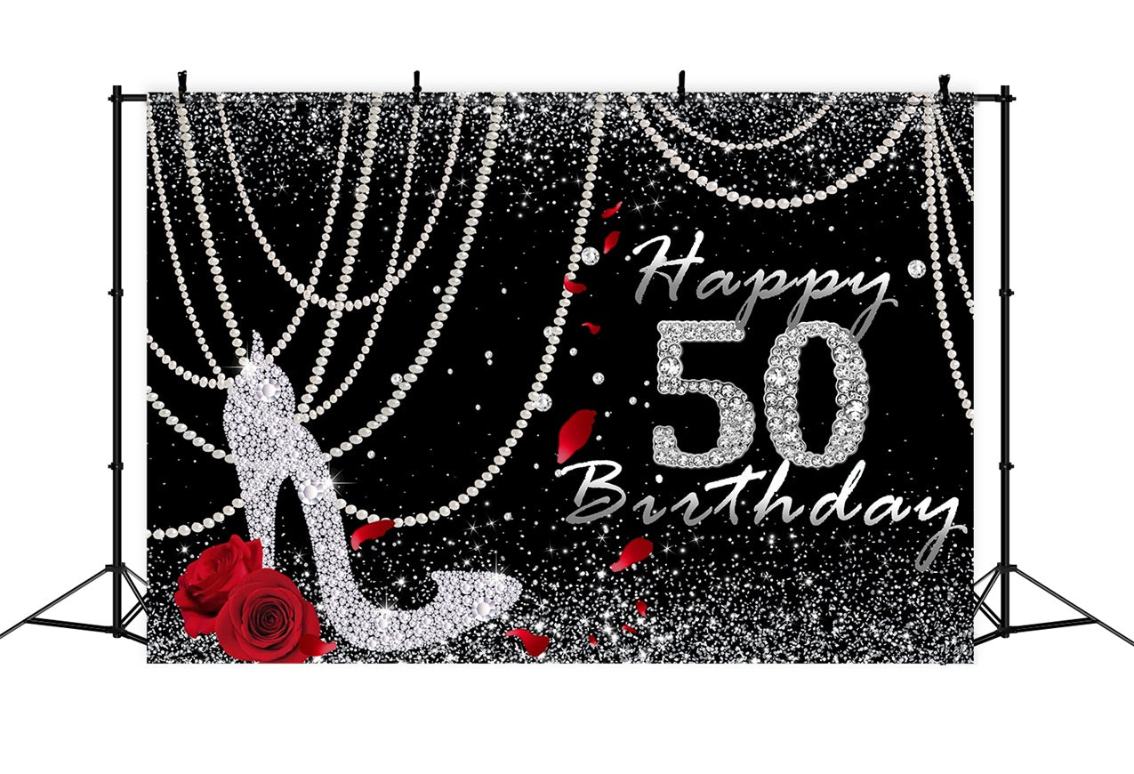 50th Birthday Backdrop Sparkling Diamond Rose Black Backdrop UK RR12-91