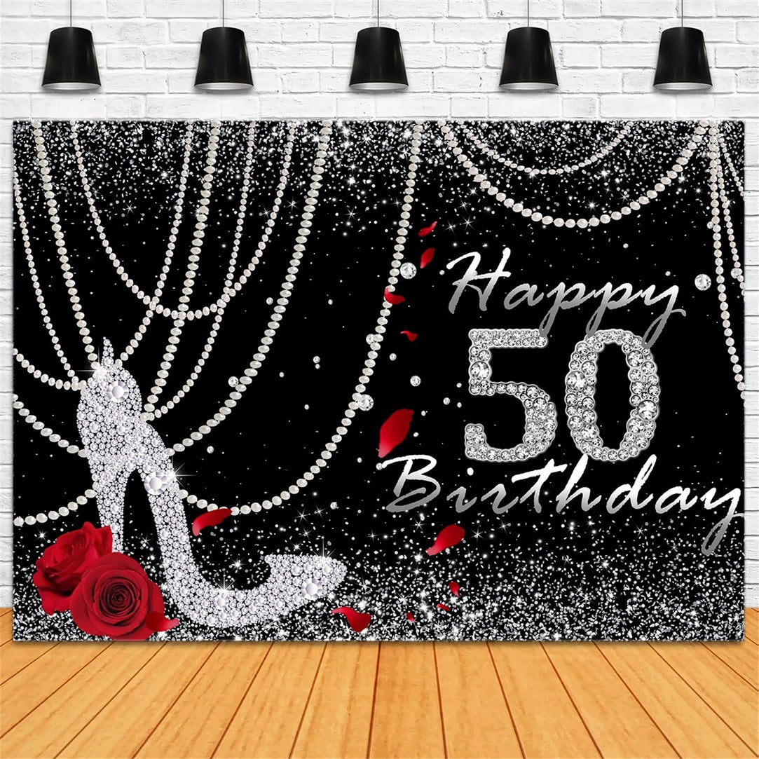 50th Birthday Backdrop Sparkling Diamond Rose Black Backdrop UK RR12-91