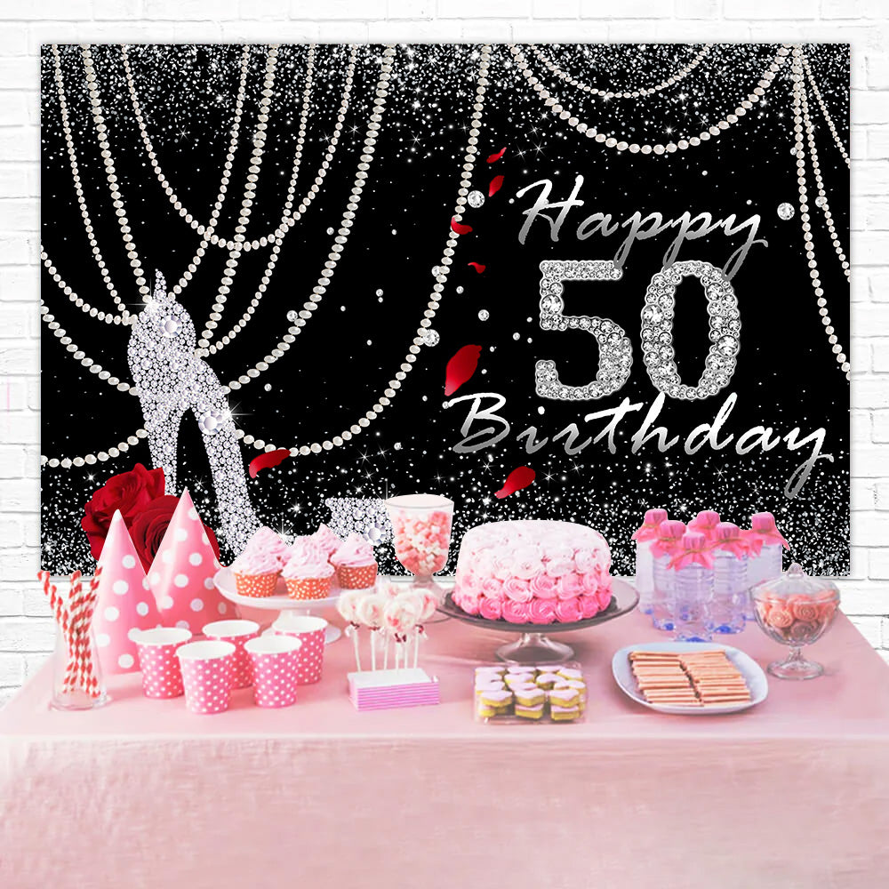 50th Birthday Backdrop Sparkling Diamond Rose Black Backdrop UK RR12-91