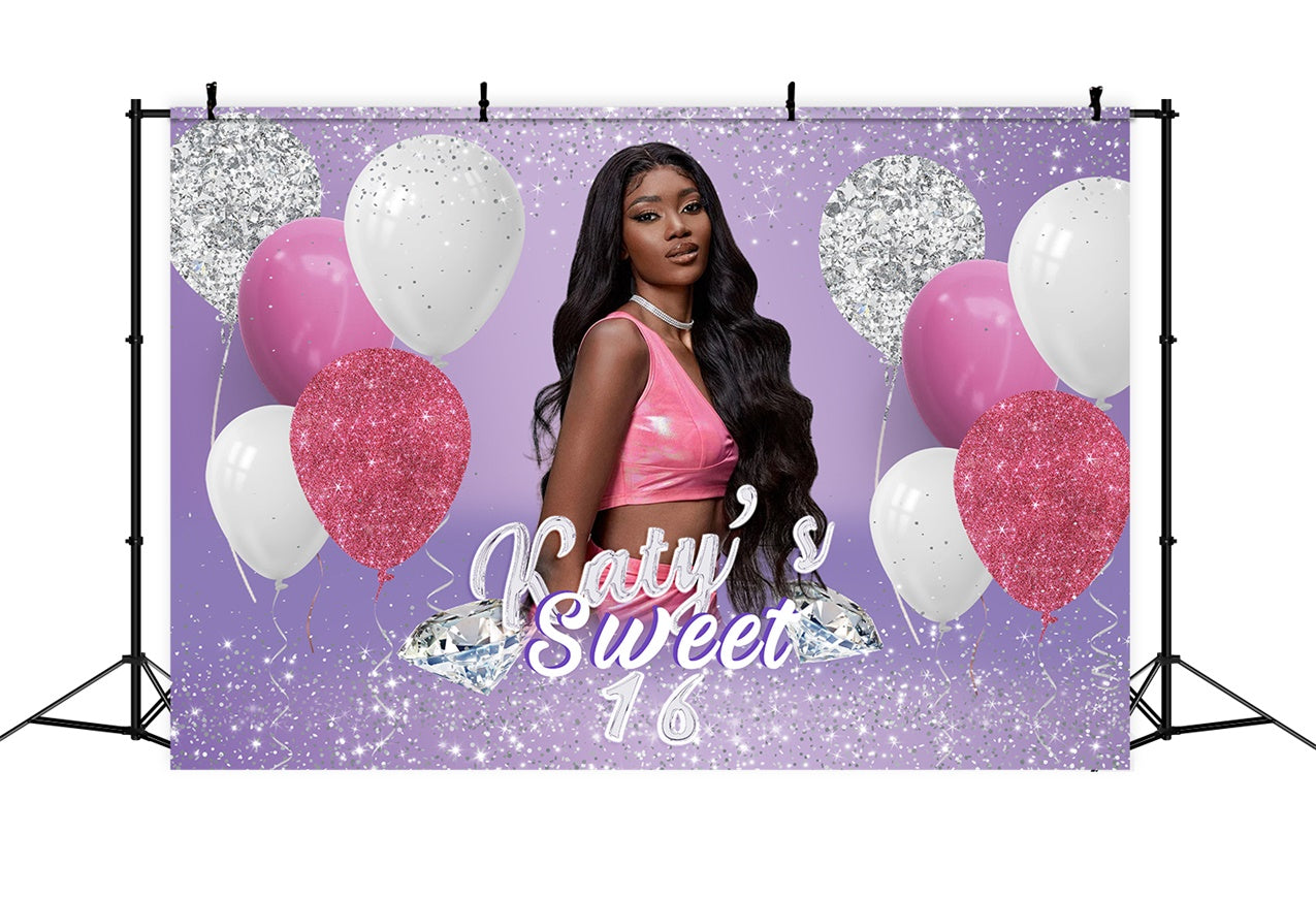 Custom Birthday Backdrop Sweet 16 Purple Sparkle Balloon Backdrop UK RR12-92