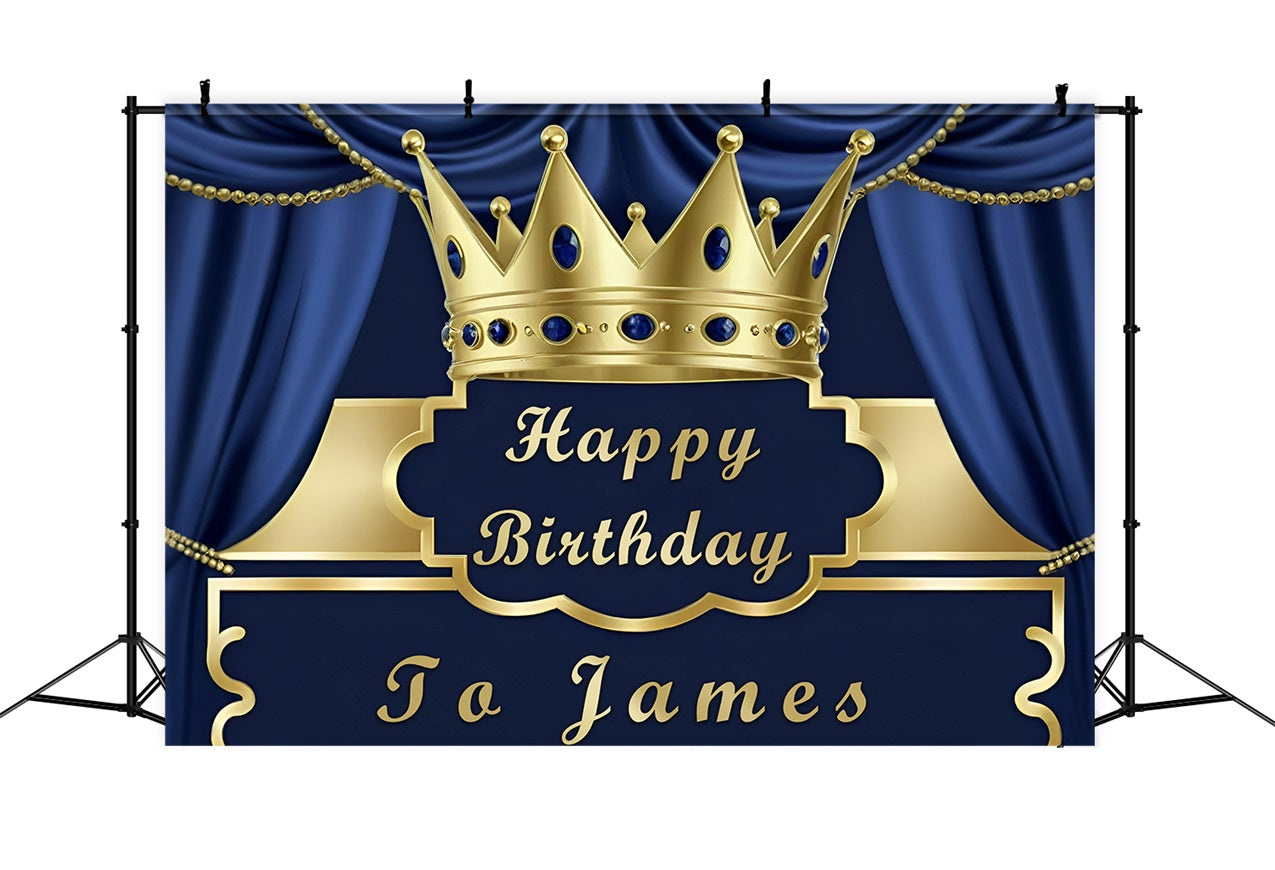 Customized Birthday Backdrop Blue Curtain Gold Crown Backdrop UK RR12-98