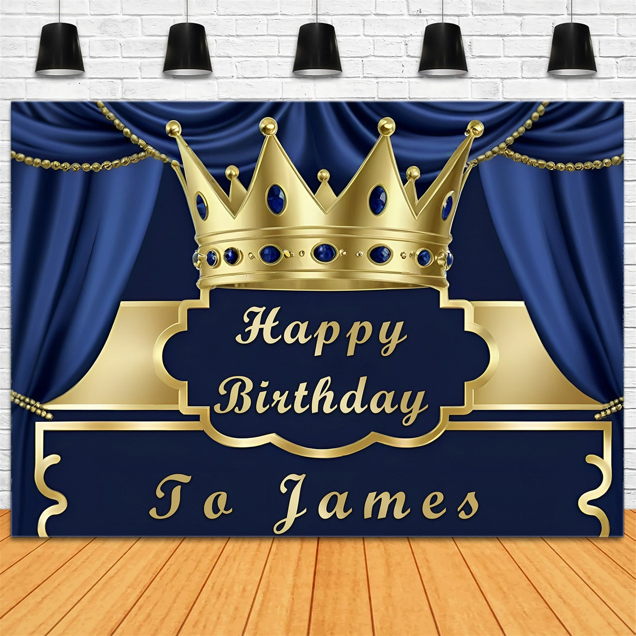 Customized Birthday Backdrop Blue Curtain Gold Crown Backdrop UK RR12-98