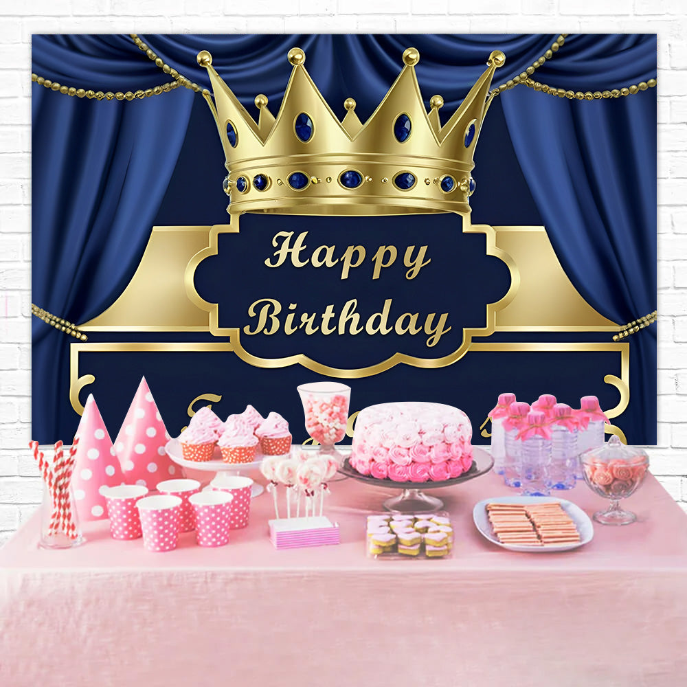 Customized Birthday Backdrop Blue Curtain Gold Crown Backdrop UK RR12-98