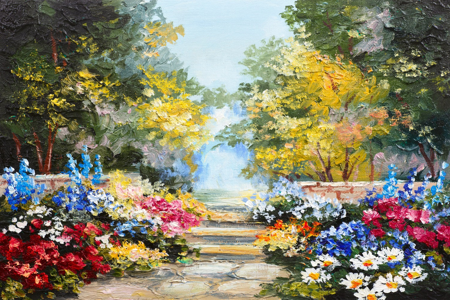 Oil Painting Flowers Around Wooded Trail Beautiful Backdrop RR3-05