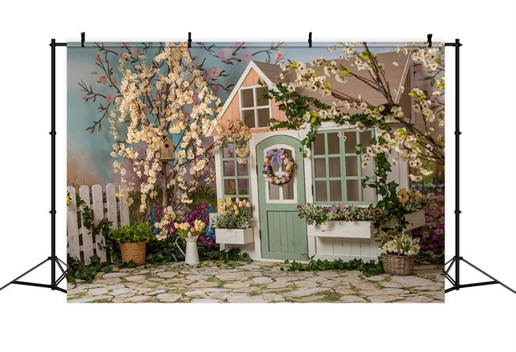 Spring Flower Fence Log Cabin Wreath Stone Ground Backdrop RR3-08