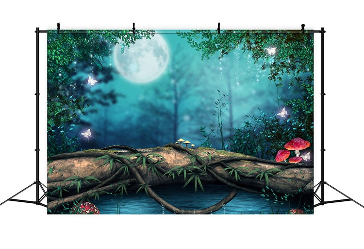 Dreamy Night Forest Full Moon Butterfly Mushroom Backdrop RR3-10