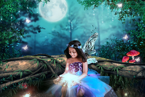 Dreamy Night Forest Full Moon Butterfly Mushroom Backdrop RR3-10