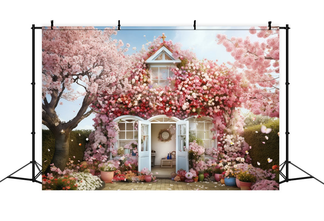 Spring Cherry Blossom Tree Romantic House Backdrop RR3-15