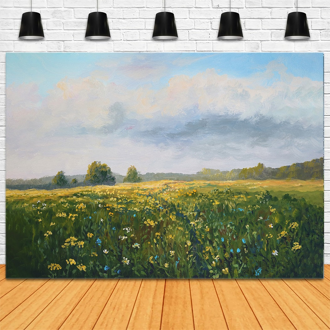 Spring Oil Painting Style Wilderness Flowers Blue Sky White Clouds Backdrop RR3-18